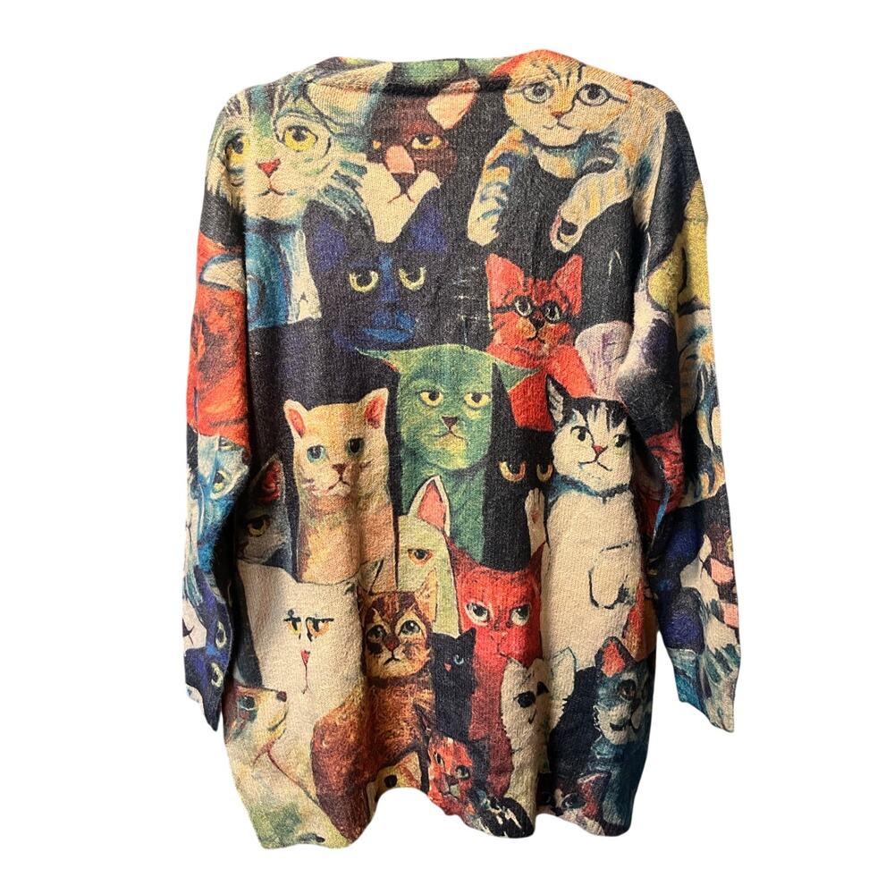 YESNO Whimsical Cat Collage Knit Cardigan Grandmacore Goblincore Quirky M - Picture 4 of 4